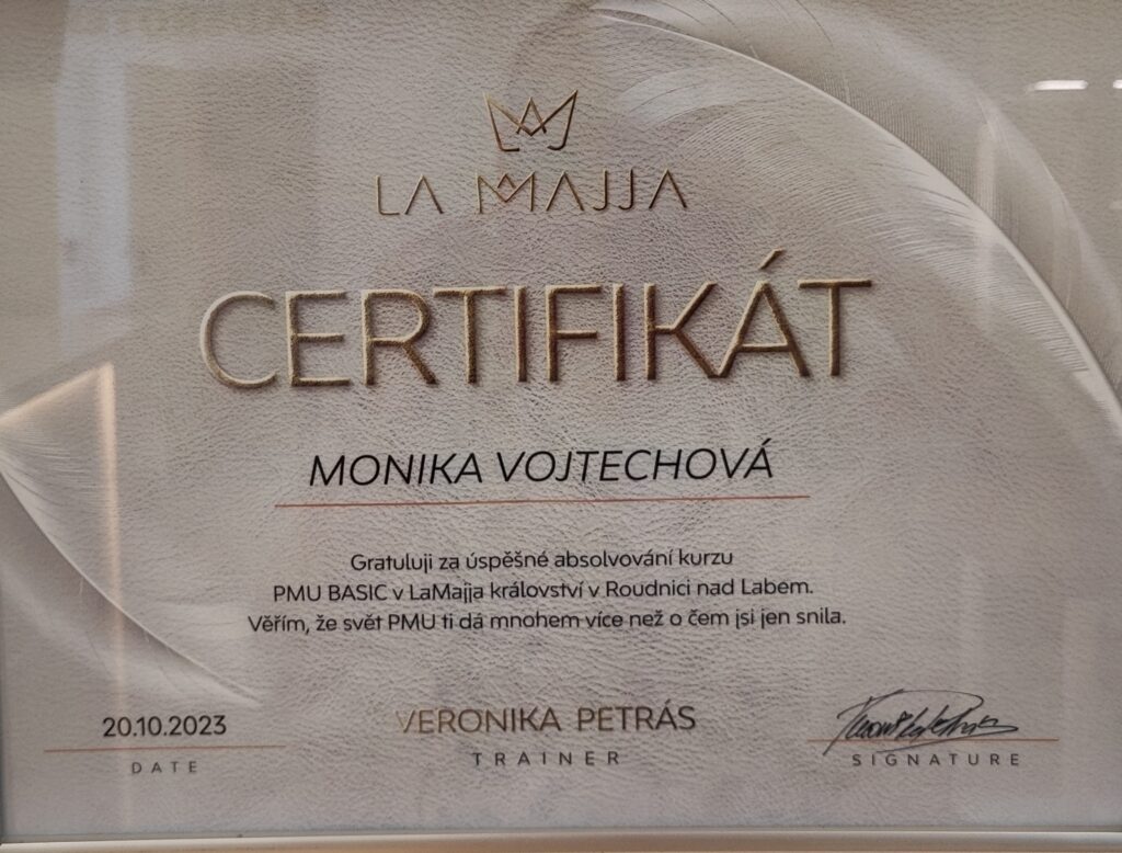 permanentný make-up obočia, certifikát