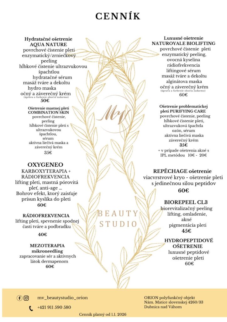 Kozmetika MV Beauty cenník ošetrení